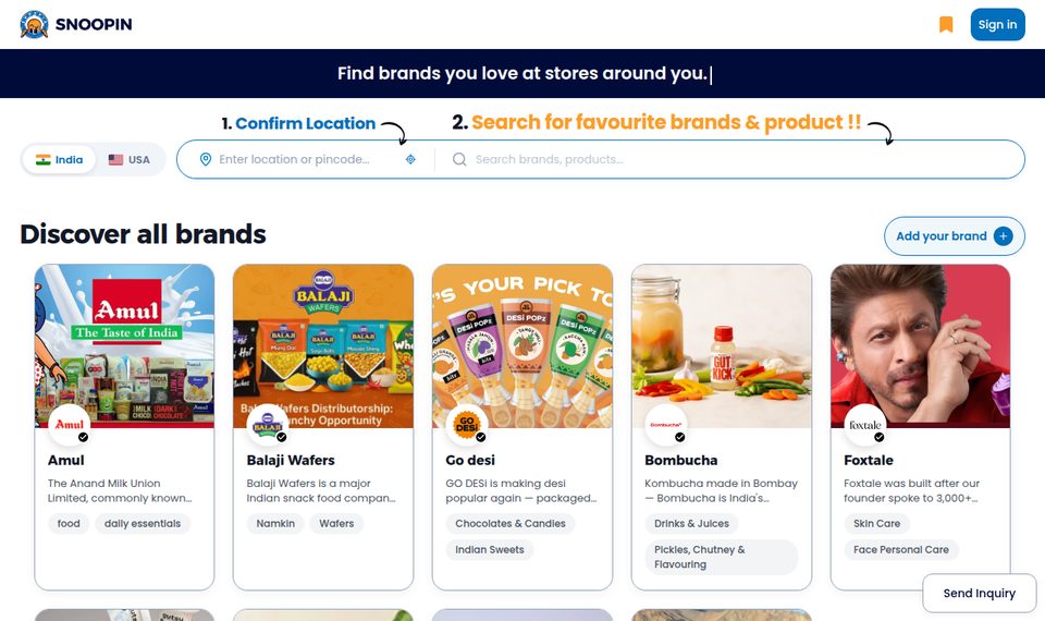 Snoopin home page: brand search by location with brand cards for Amul, Balaji Wafers and more